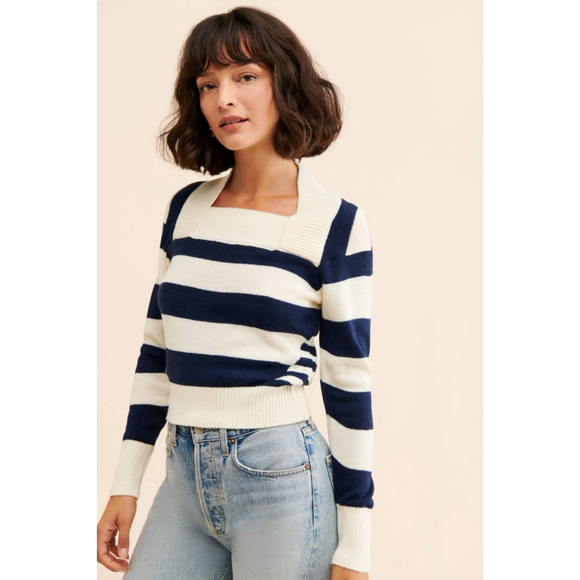 Anthropologie Kourt Sweater Monica Striped Large Blue Cream Cropped Square Neck - Picture 1 of 15